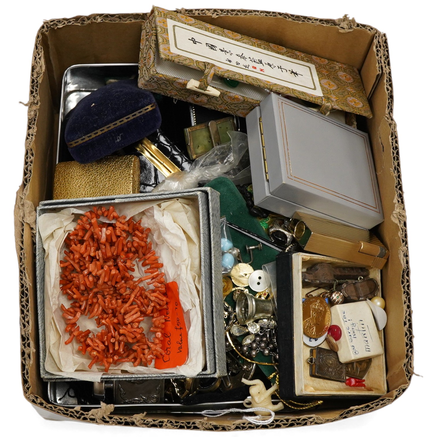 A quantity of assorted mainly costume jewellery, including paste brooch, facetted jet bead necklace, enamelled earrings, wrist watches, compact, lighters, etc.